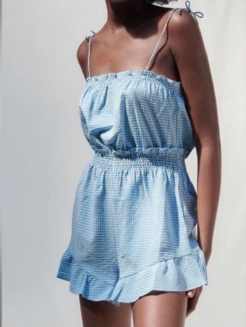 Zara Gingham Tie-Strap One-Piece Romper